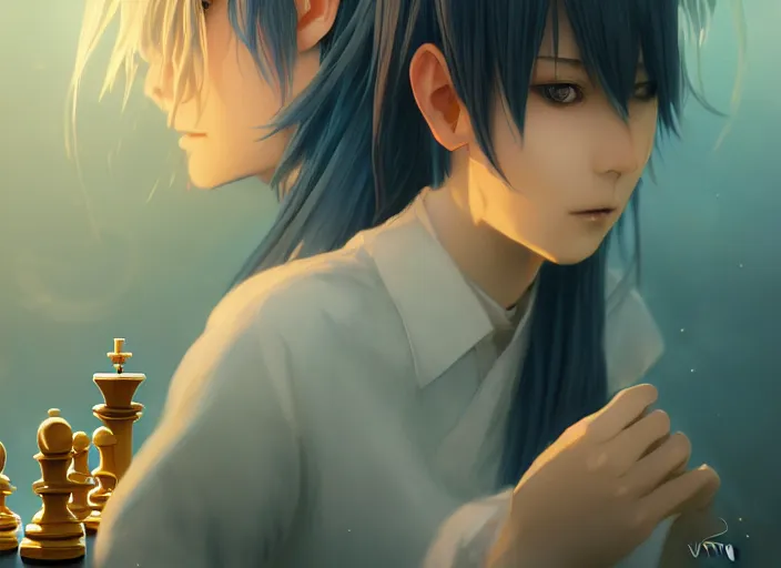 Image similar to rimuru playing chess, with amber eyes of gold color, straight hair, sky blue hair, long bangs, high collar, concept art, award winning photography, digital painting, cinematic, by wlop, anime key visual, wlop, 8 k, by ross tran, tom bagshaw, andy warhol