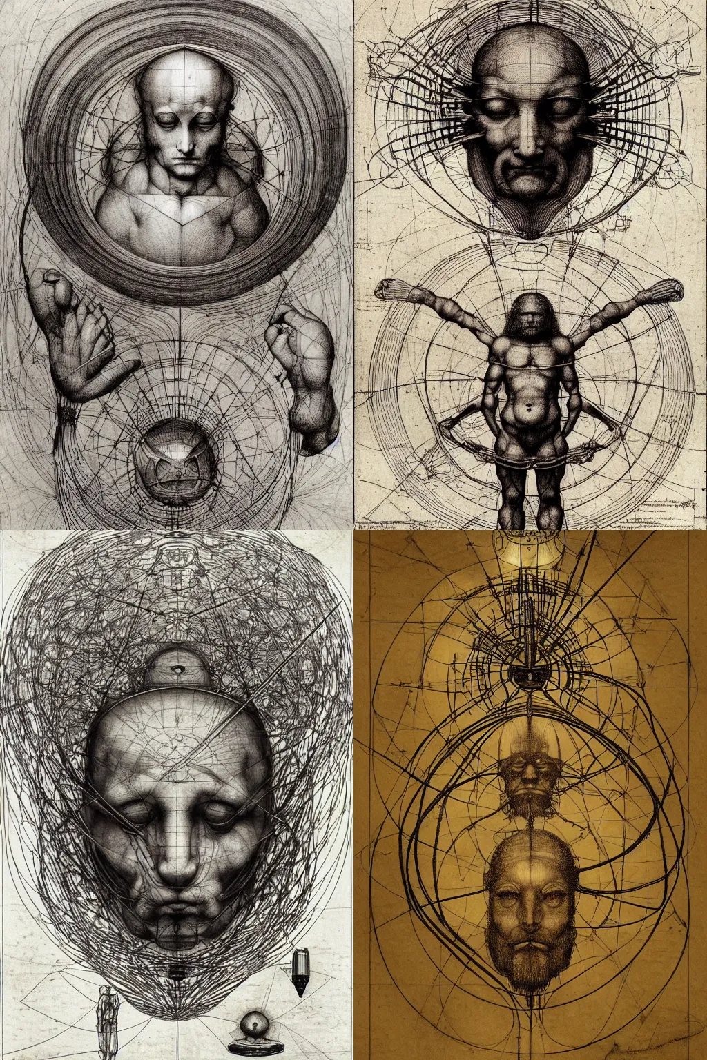Prompt: a full page cad drawing by leonardo da vinci of a man with a steampuk brain, cosmic energy wires, surreal, deconstructed, flat, impossible geometry, ink on paper, scientific, very detailed labeling, measurements, contours, super smooth lines, clean edges, smooth details, 8 k uhd, peter mohrbacher, moebius