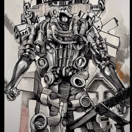 Prompt: a beautiful painting of a chainsawman with chainsaw arms posing for a picture on a city street by hirohiko araki, detailed line art, jojos bizarre adventure