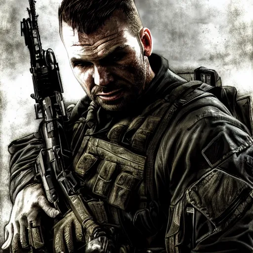 Image similar to a portrait of a John soap mactavish ,call of duty, military , game concept art, illustration, modern warfare, HDR, natural light, shoulder level shot, dynamic pose, award winning photograph, Mucha style, 8k,