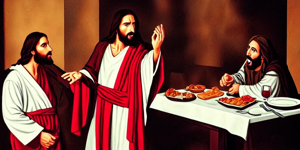 Image similar to jesus christ in a robe and red scarf, in a restaurant, on a date, yelling at a waiter