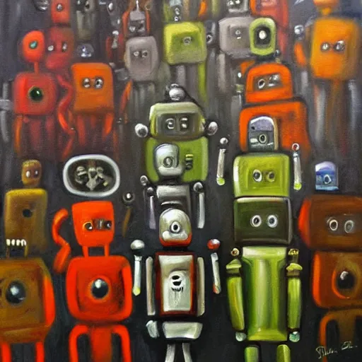 Image similar to oil painting of robots from hell