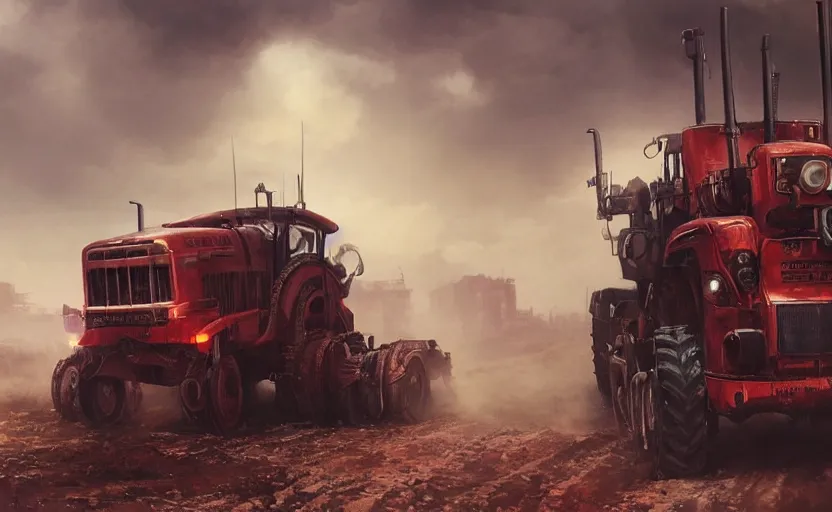 Image similar to a highly detailed beautifuly rendered, tractor that pulls a tank, thick dust and red tones, bladerunner, cyberpunk, lost city, hyper - realistic environment, epic concept art