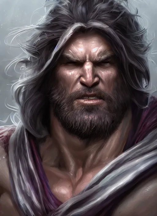 Prompt: portrait of a hulky herculean well groomed ork with flowing long deep violet hair, style of assassin's creed, intricate, elegant, highly detailed, digital painting, artstation, concept art, smooth, sharp focus, illustration, art by keith thompson, scott m fischer, anne stokes, alexandros pyromallis., 8 k