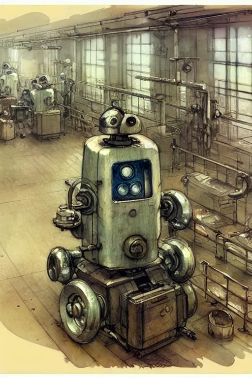 Image similar to ( ( ( ( ( 1 9 5 0 s robot factory interior. muted colors. ) ) ) ) ) by jean - baptiste monge!!!!!!!!!!!!!!!!!!!!!!!!!!!!!!