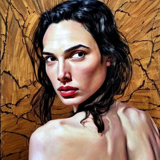 Image similar to a striking hyper real painting of Gal Gadot by lucian freud.