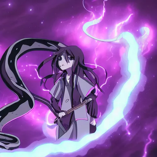 Image similar to snakes of purple lightning striking at the darkness, anime,