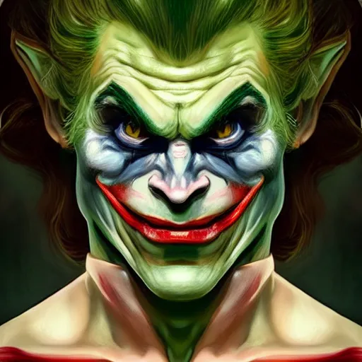 Image similar to portrait of michelle phan as the joker as a hulking herculean demon orc bugbear clown, godlike, upper body, fantasy, intricate, elegant, highly detailed, digital painting, artstation, concept art, sharp focus, illustration, art by artgerm and greg rutkowski and alphonse mucha