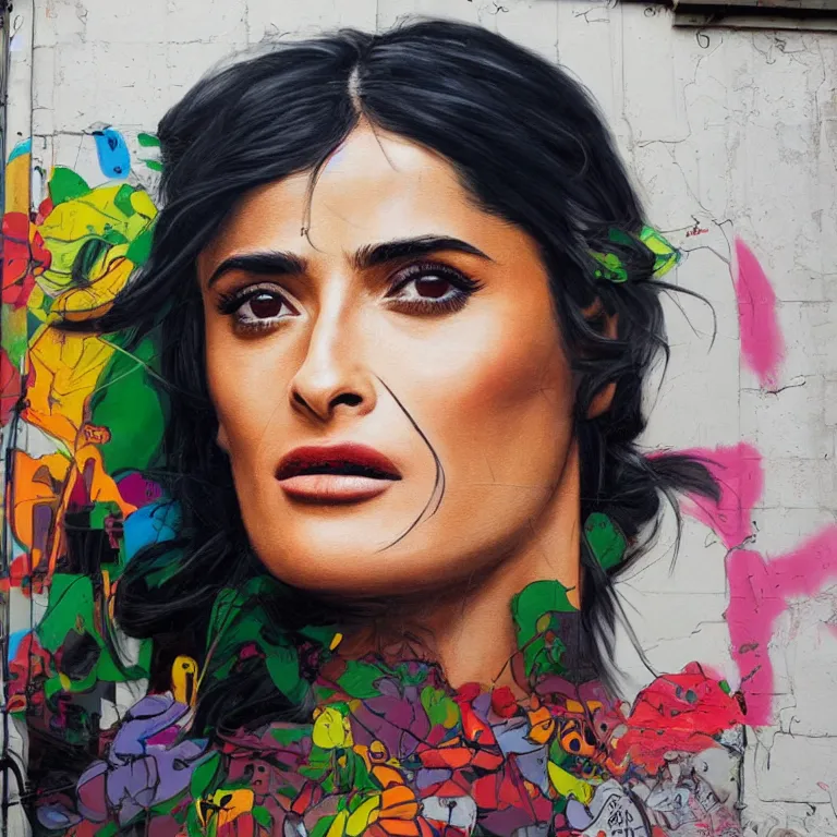 Image similar to Street-art portrait of salma hayek in style of Etam Cru, photorealism