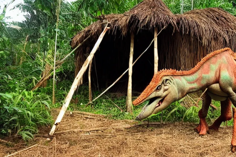 Image similar to 4 meter tall unknown living herbivore dinosaur destroying hut by eating the straw roof in a small jungle settlement, shaky grainy amateur photos by witnesses