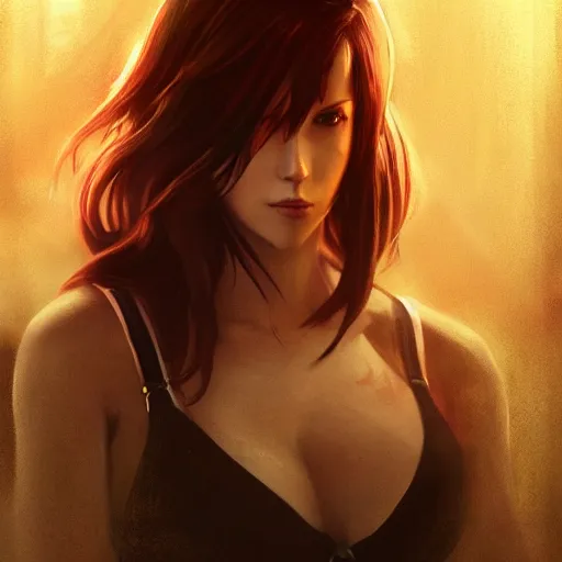 Image similar to charismatic seductive tifa lockhart portrait, atmospheric lighting, painted, intricate, volumetric lighting, beautiful, golden hour, sharp focus, ultra detailed, by leesha hannigan, ross tran, thierry doizon, kai carpenter, ignacio fernandez rios