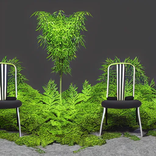 Image similar to black background two chairs made of plants facing each other, hyperrealistic, concept art, octane render, unreal engine 5, trending on artstation, high quality, highly detailed, 8 k hdr, no lighting, path traced, black background, bloom, high coherence, symmetrical, high contrast, digital art, serene landscape, cinematic