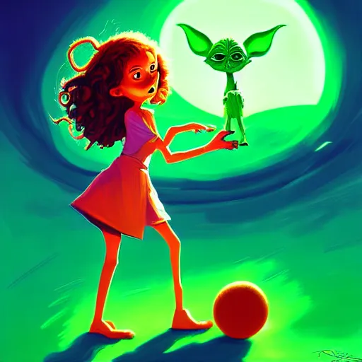 Image similar to curled perspective digital art of curly brown hair girl playing ball with yoda by anton fadeev from nightmare before christmas