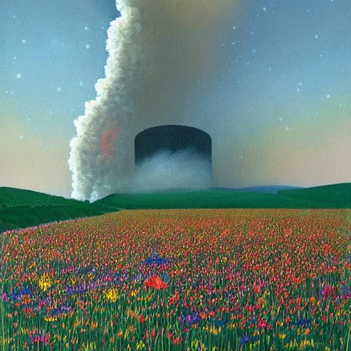 Prompt: a beautiful painting of a large nuclear geyser erupting in a field of flowers by moebius