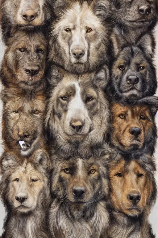 Image similar to portrait of multiple animals faces stacked and close to each others, by giancola, very detailed art, elegant, sophisticated, high resolution, smooth