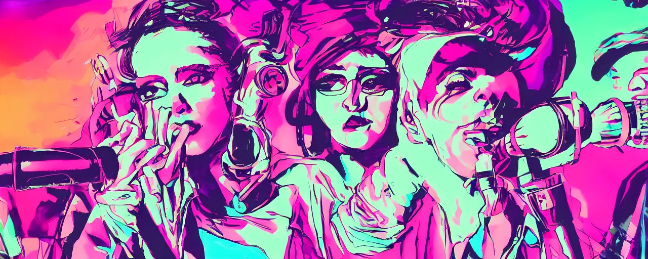 Prompt: Mexican female rapper holds microphone straight out, digital art, vapor wave, hip hop, psychedelic, surreal, trending on Artstation, professional artist, detailed, 4k