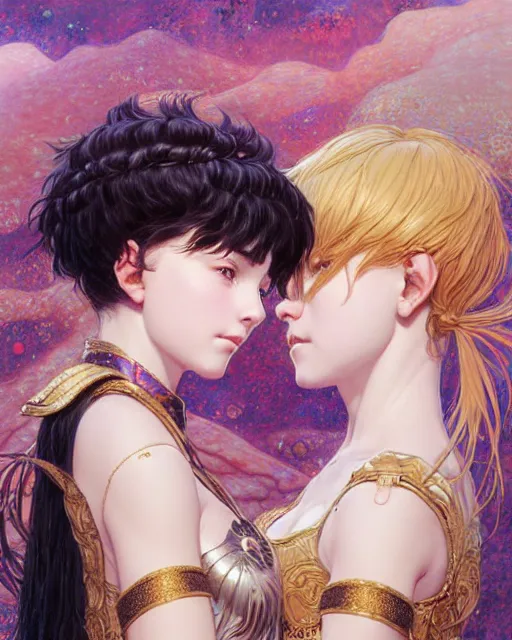 Image similar to portrait of two beautiful cute young maiden girls with short white hairs in warhammer armor kissing, art by ( ( ( kuvshinov ilya ) ) ) and wayne barlowe and gustav klimt and artgerm and wlop