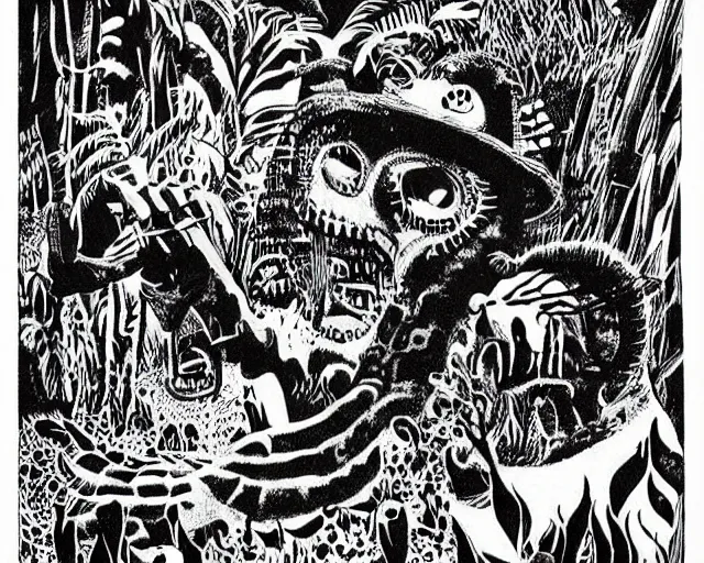 Prompt: surreal b & w nightmarish garden las pozas, mayan jaguar warrior, ink by frank miller and jose guadalupe posada, cut out collage, science fiction fanzine 1 9 6 7