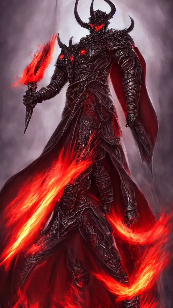 Prompt: male demon holding a flame sword, black metallic armor, red cape, detailed arms, intricate black armor, two arms, two legs, detailed fanart, rpg art, d&d art, macro art, digital art, DeviantArt, artstation, 8k HD