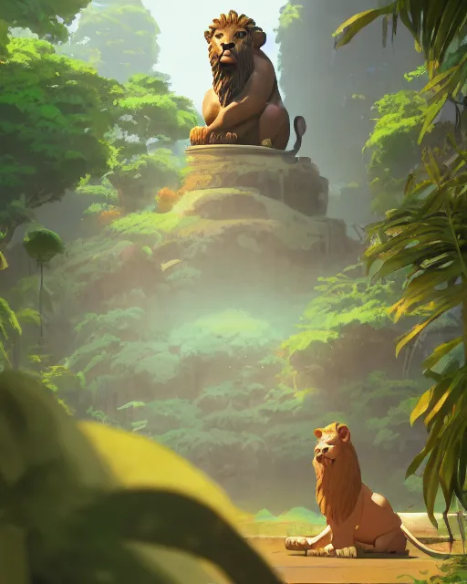 Prompt: statue of a lion in a temple, lush vegetation, waterfalls, cory loftis, james gilleard, atey ghailan, makoto shinkai, goro fujita, character art, rim light, exquisite lighting, clear focus, very coherent, plain background, soft painting