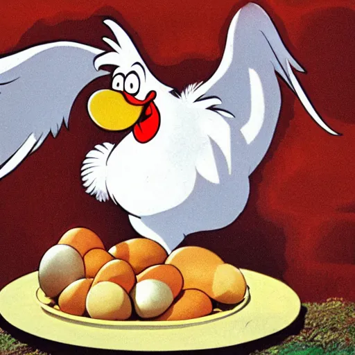 Image similar to foghorn leghorn eating a pile of eggs