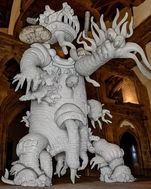 Prompt: a massive porcelain sculpture in a medieval castle of super mario spewing mushrooms from his mouth