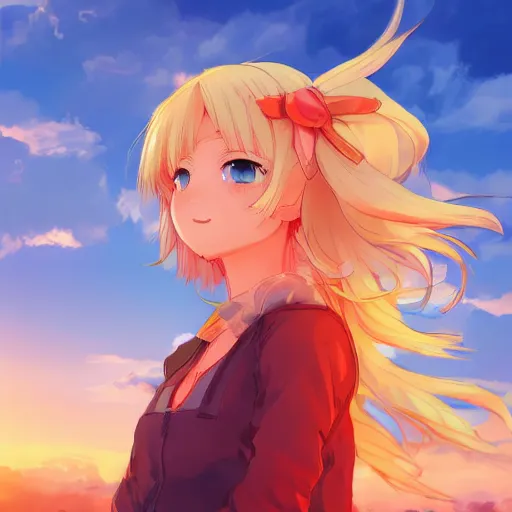 Prompt: blonde - haired princess, anime princess, wearing casual clothing, golden hour, partly cloudy sky, red clouds, orange sky, strong lighting, strong shadows, vivid hues, ultra - realistic, sharp details, subsurface scattering, intricate details, hd anime, 2 0 1 9 anime