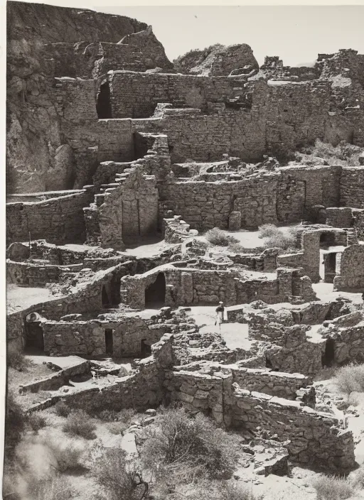 Image similar to Photograph of ancient pueblo ruins in a canyon, showing terraced gardens and lush desert vegetation in the foreground, albumen silver print by Timothy H. O'Sullivan.