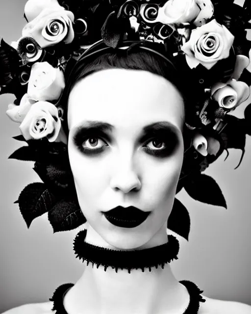 Image similar to dreamy surreal poetic black and white photo of a beautiful young bio-mechanical-female-cyborg-plant-plastic-robot with a very long neck and a super big gothic lace collar and a very high big floral crown with many black dry roses by Vivienne Westwood:: smoke, high fashion, haute couture, rococo, avant-garde, elegant, dreamy, hyper realistic, 150 mm lens, soft rim light, octane render, unreal engine, picture was taken in 1910 by Dora Maar, volumetric lighting, dramatic light,8k,