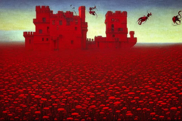 Image similar to only with red, red flowers of different types, a red tiger, a castle in the background, medieval demons dance over the flowers, an ancient path, in the style of beksinski, part by hopper, part by rodcenko, part by hofbauer, intricate composition, red by caravaggio, insanely quality, highly detailed, masterpiece, red light, artstation