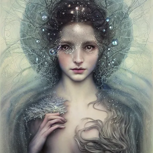 Prompt: Beautiful Delicate Detailed full head portrait of the queen of winter, With Magical grey eyes by Tom Bagshaw, Bastien Lecouffe Deharme, Erik Johansson, Amanda Sage, Alex Grey, Alphonse Mucha, Harry Clarke, Josephine Wall and Pino Daeni, Delicate winter frozen creature With long white windy Hair and Magical Sparkling Eyes, Magic Particles; Magic Swirls, in a oit of this world magical frozen landscape, 4K; 64 megapixels; 8K resolution concept art; detailed painting; digital illustration; hyperrealism; trending on Artstation; Unreal Engine Photorealistic, lifelike, Unreal Engine, sharp, sharpness, detailed, 8K