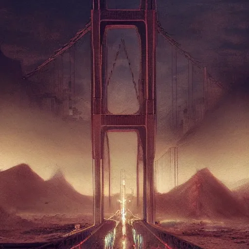 Image similar to post-apocalyptic desert city Los Angeles golden gate bridge, concept art, high fantasy, elegant, art station, pixiv, trending, editor’s pickup, by greg rutkowski, by Gustave Dore