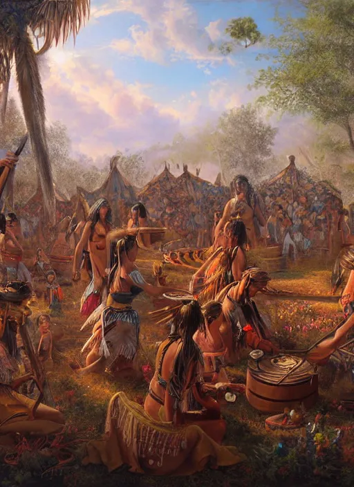 Prompt: a painting of indigenous people playing music, matte painting, highly detailed, fantasy art