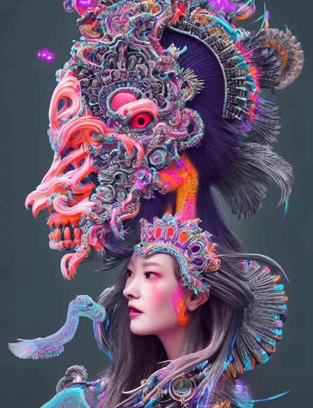 Image similar to 3 d goddess close - up profile portrait with crown, ram skull. beautiful intricately detailed neon japanese crow kitsune mask and clasical japanese kimono. betta fish, jellyfish phoenix, bio luminescent, plasma, ice, water, wind, creature, artwork by tooth wu and wlop and beeple and greg rutkowski