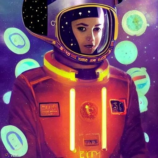 Image similar to an attractive and young and beautiful and female cosmonaut with a shiny black helmet and suit with geometric symbols staring at the camera with a gold layer and neon red trim and white trim and blue trim and purple trim and green trim and orange trim and planet and stars background by Greg Rutkowski and John Collier and Krenz Cushart and Artem Demura and Alphonse Mucha and Albert Aublet, as seen on ArtStation,a very high quality very detailed ink fine line illustration,4k