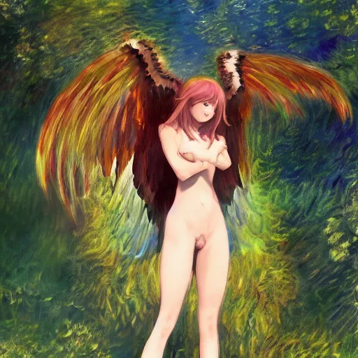 Prompt: Cute Harpy Girl by Pixiv ArtStation, anime scenery, by Edvard Monet Frank