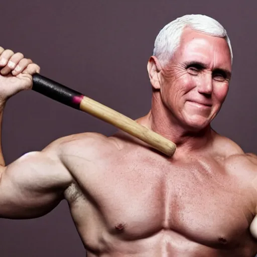 Prompt: a photo of a shirtless, muscular, mike pence, holding a baseball bat with both hands. professional photo shoot.
