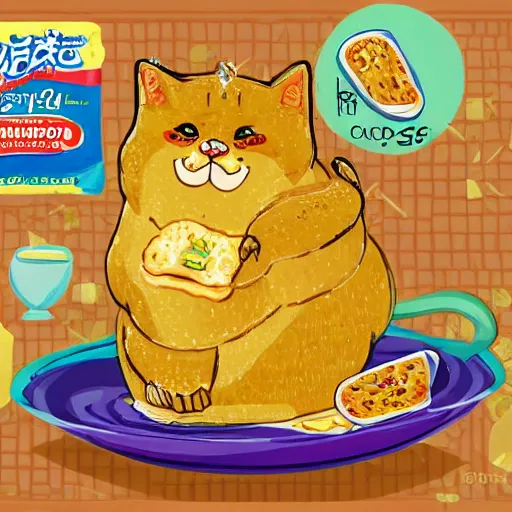 Image similar to obese cat sitting in behind a plate of indomie mi goreng noodles on toast, traditional artstyle