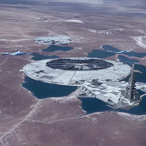 Prompt: aerial view of area 51 with star destroyers and space ships parked