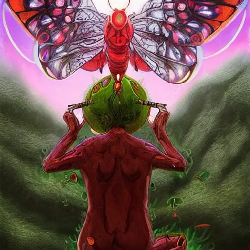 Image similar to A centered chest up portrait of a psychedelic godlike atlas mothman smoking a hand-rolled cigarette smoking heavily , magic mushroom village in background , award winning. superb resolution. in the art style of junji Ito and greg rutkowski . Detailed Mushroom city in background. Hyper realistic anime. Perfect art. Dalle2