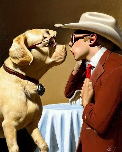 Prompt: masterpiece painting of the Milkybar kid with blonde hair, cowboy hat and glasses, kissing dog, on the altar, at their wedding. In the style of JC Leyendecker