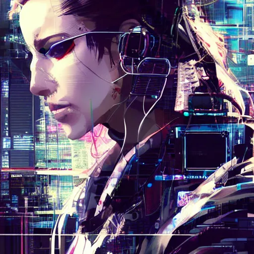 Image similar to a beautiful side portrait of a female cyberpunk hacker, wires, cables, computers, machines. art by yoji shinkawa and sandra chevrier, trending on artstation,