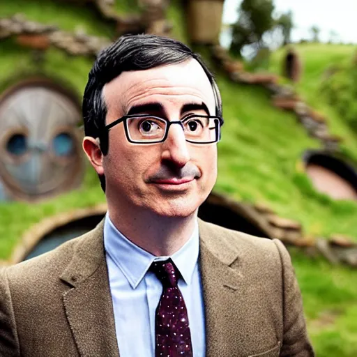 Prompt: john Oliver is a hobbit, he is in Hobbiton, fully body photo, sharp focus, realistic