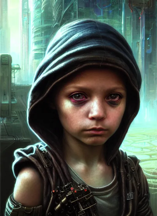 Image similar to closeup portrait shot of a cyberpunk child in a scenic dystopian environment, intricate, elegant, highly detailed, centered, digital painting, artstation, concept art, smooth, sharp focus, illustration, artgerm, tomasz alen kopera, peter mohrbacher, donato giancola, joseph christian leyendecker, wlop, boris vallejo