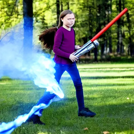 Image similar to Greta Thunberg having fun with a really large flamethrower