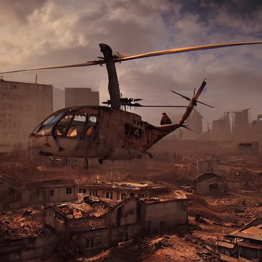 Image similar to apocalyptic, ruined town. rusted helicopter. volumetric lighting, sharp focus, ultra detailed, cgsociety - w 1 0 2 4 - n 8 - i