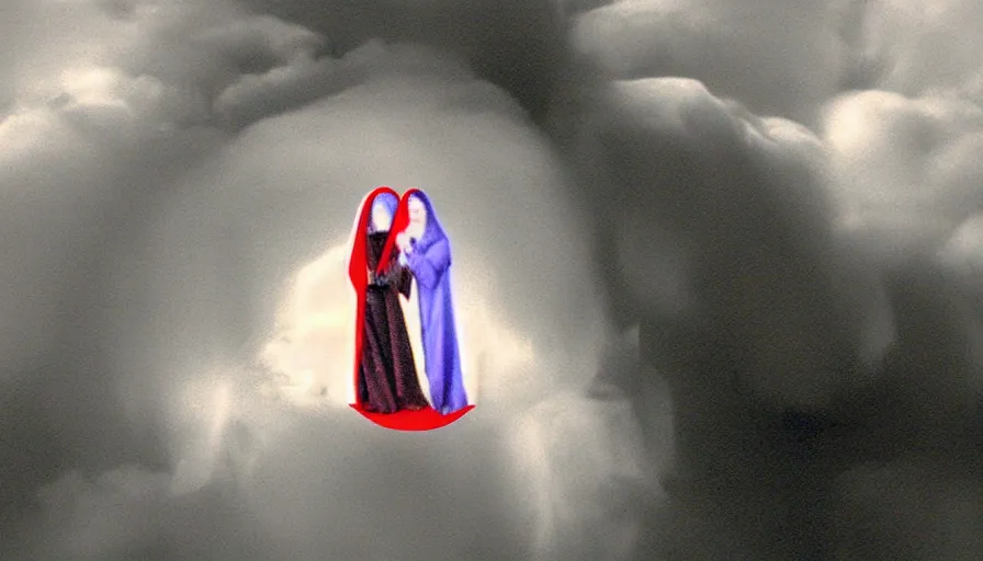 Image similar to 2 0 0 8 nokia flipphone footage of marian apparition, marian apparitions distant in clouds, red line circle drawn around subject, jpg damage