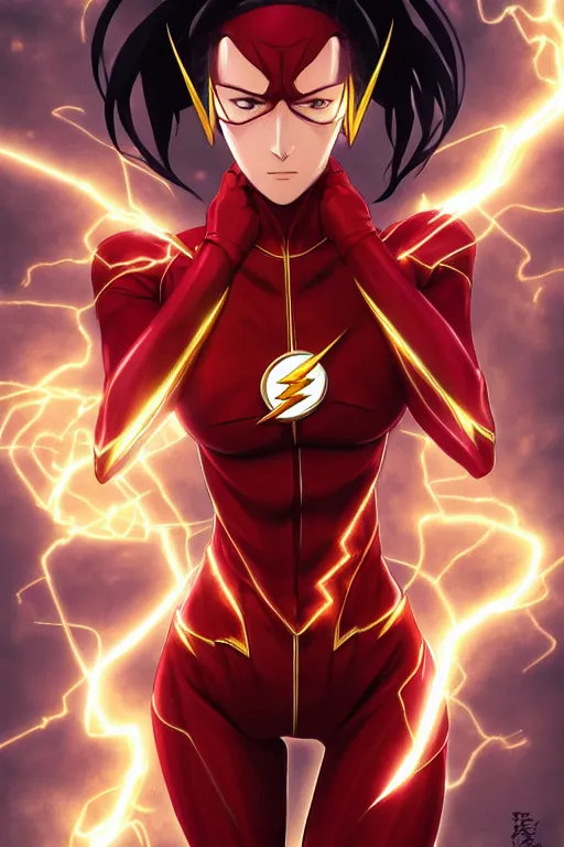 Image similar to anime key visual of a beautiful female the flash!! intricate, red, black, gold suit, powers, speed, lightning hate, dc comics, cinematic, stunning, highly detailed, digital painting, artstation, smooth, hard focus, illustration, art by artgerm and greg rutkowski and alphonse mucha