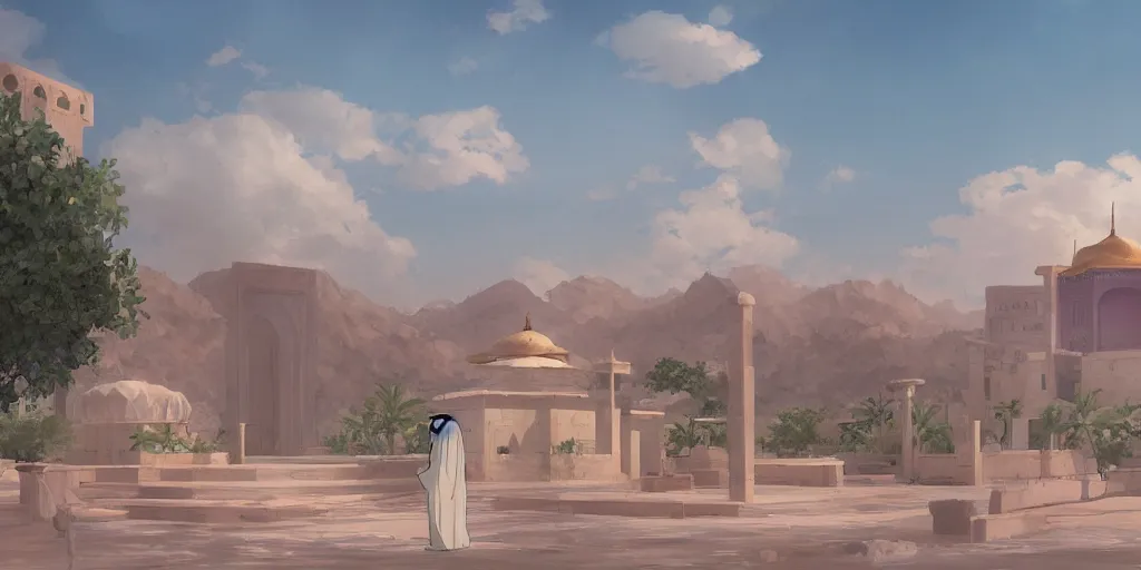 Image similar to an arabian palace in the desert by makoto shinkai