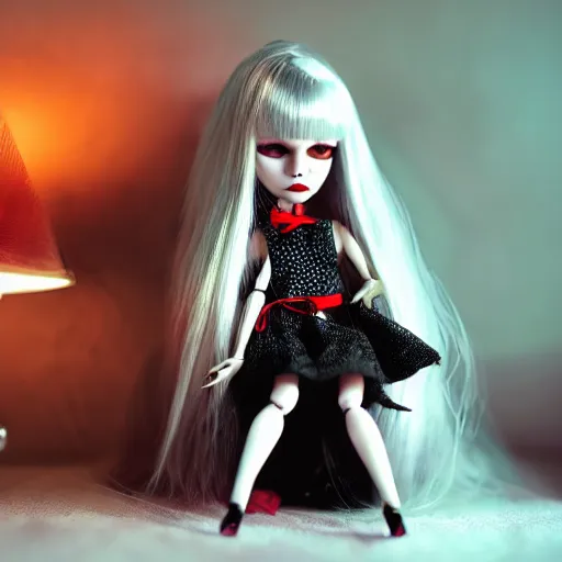 Prompt: adorable vampire themed high end fashion doll and accessories, on a table under a lamp light shining down over it like a spot light, god rays, dust particles, photorealistic, aesthetic shot, worms eye view, macro camera lens, high definition, thematic, cinematic, lens flare